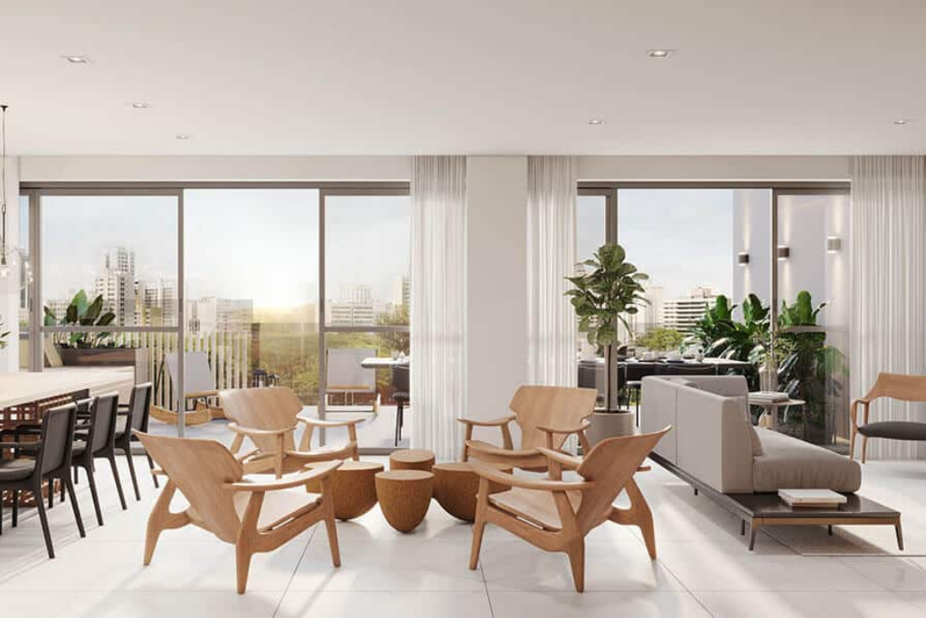 Ambiente integrado com cortinas brancas