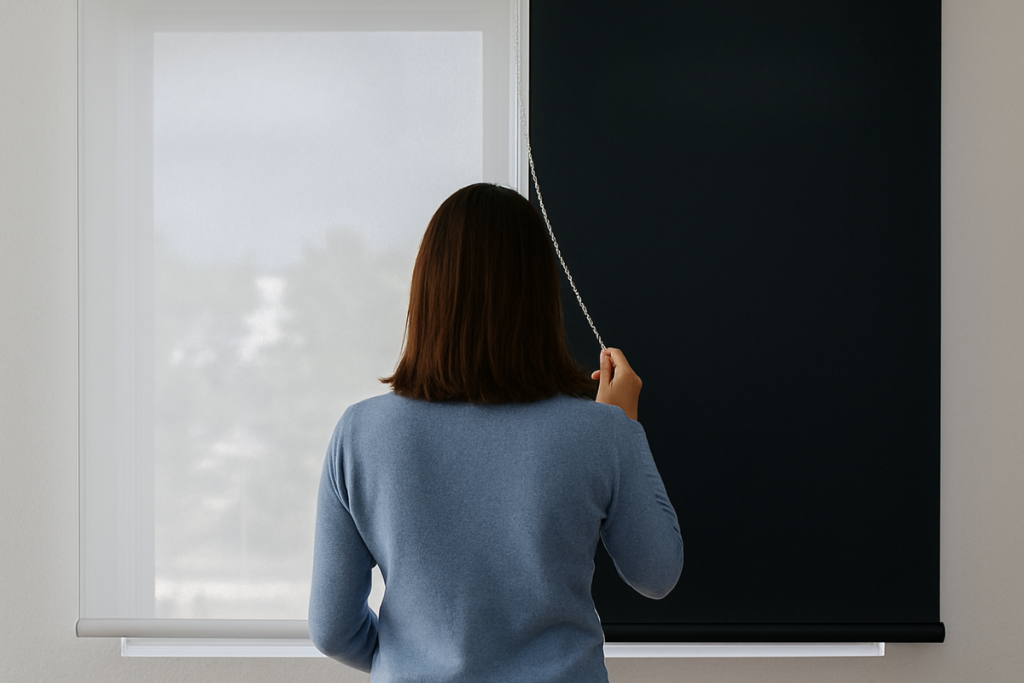 mulher centralizada em uma sala demonstrando a diferença entre uma persiana tela solar e blackout