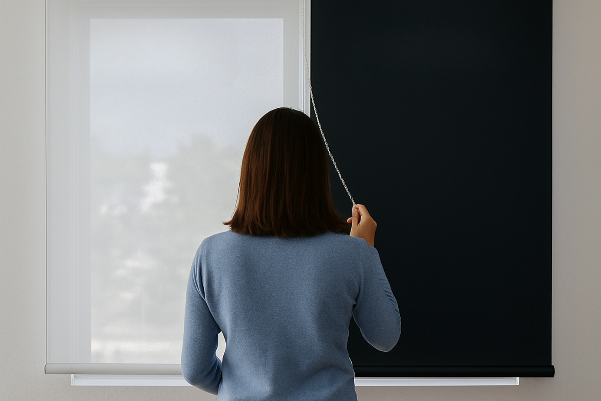 mulher centralizada em uma sala demonstrando a diferença entre uma persiana tela solar e blackout