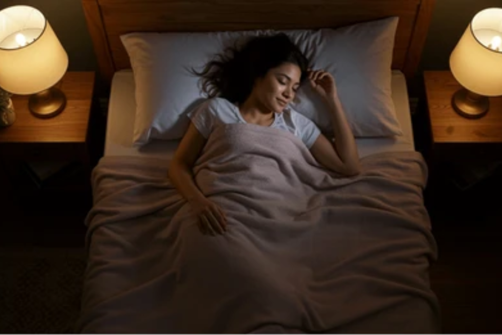 Mulher dormindo em sono profundo em um quarto com persianas blackout