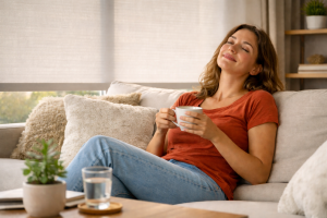 Mulher sentada em seu sofá, relaxando com uma xícara nas mãos com persiana para o calor forte