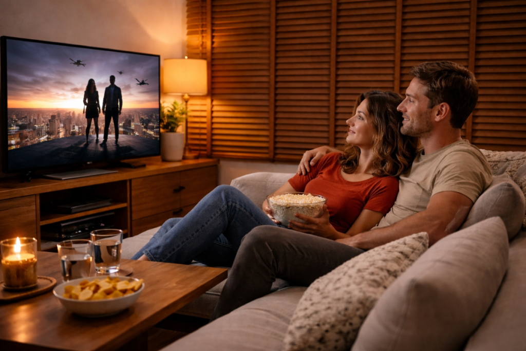 Casal sentado na sala de estar assistindo filme em uma casa com persiana para o calor forte