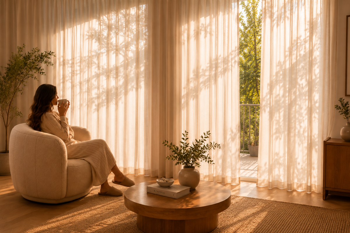 Mulher sentada em seu sofá, relaxando com uma xícara de chá nas mãos. Em sua sala há cortinas wave translúcidas