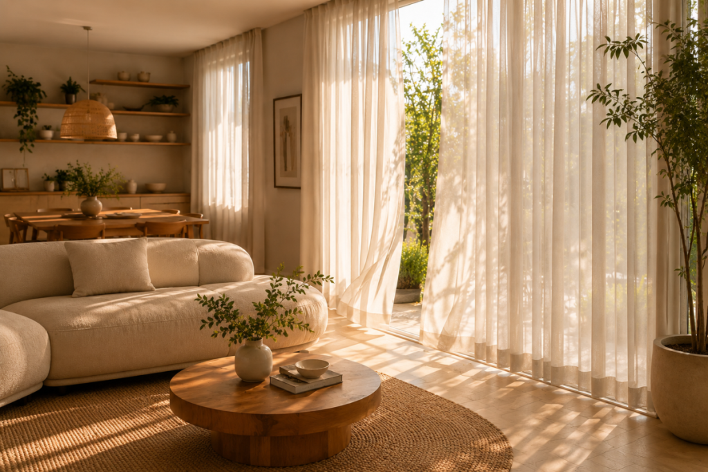 Sala de estar com cortina wave: a tendência que une elegância, leveza e funcionalidade