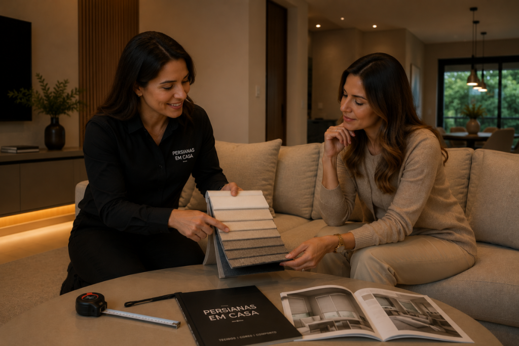 Consultora da Persianas em Casa apresentando amostras de persiana rolô durante visita gratuita ao cliente.