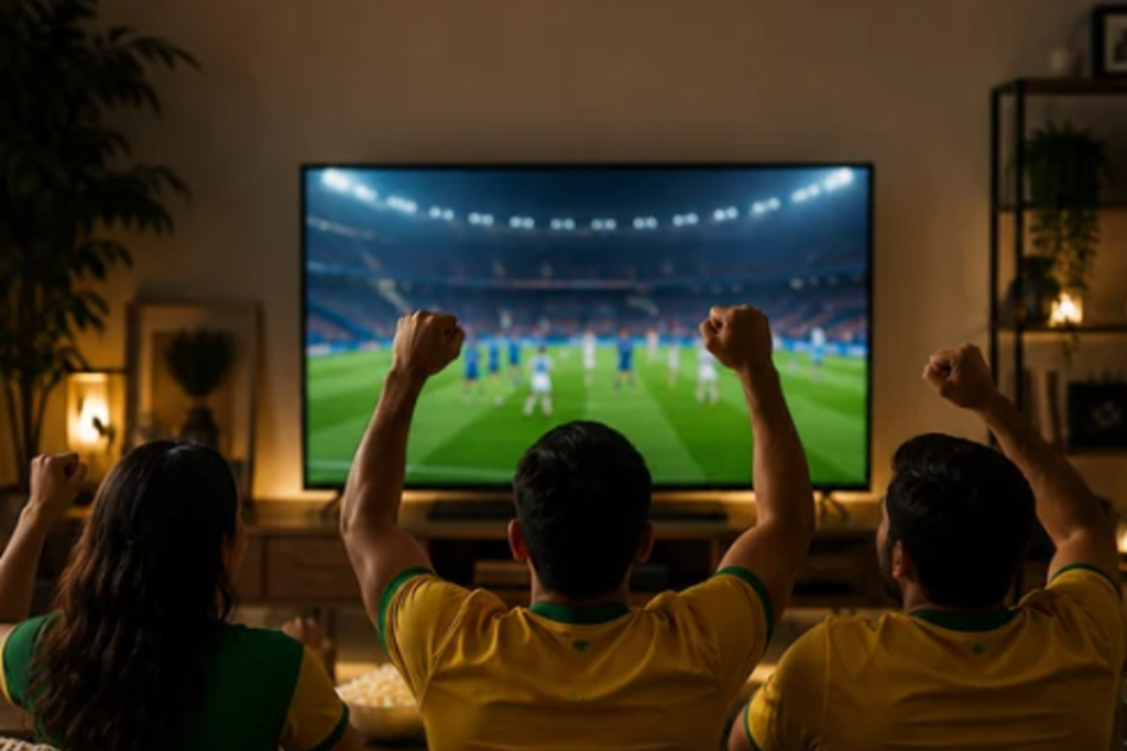 Família reunida assistindo aos jogos da copa do mundo em uma sala confortável com persianas