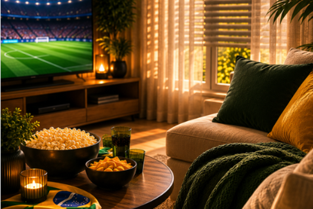 Ambiente decorado para a copa do mundo com persianas e conforto para assistir aos jogos do Brasil 