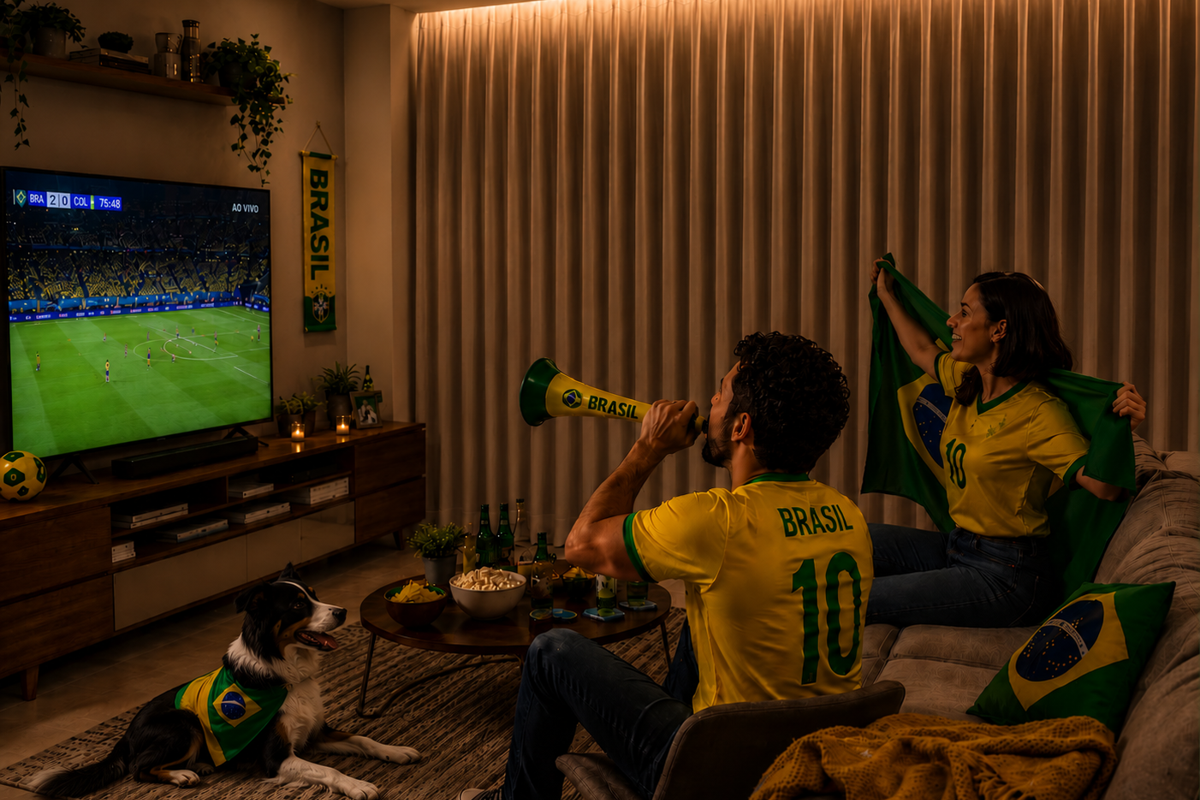 Torcedores assistindo à copa do mundo em sala de estar com cortinas que garantem conforto e privacidade