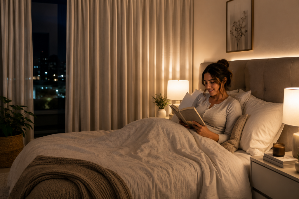 Mulher aproveitando um ambiente confortável com cortina no quarto e iluminação suave para relaxamento. 