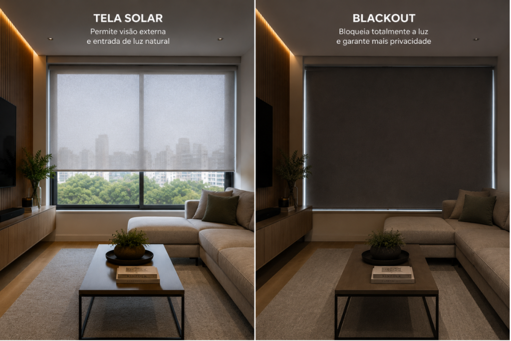 Comparação entre persiana rolô blackout e tela solar mostrando diferentes níveis de controle da luminosidade.
