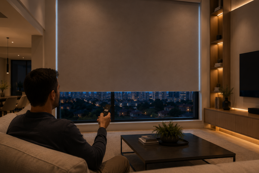 Persiana rolô motorizada em ambiente sofisticado com acionamento automatizado e tecnologia residencial.